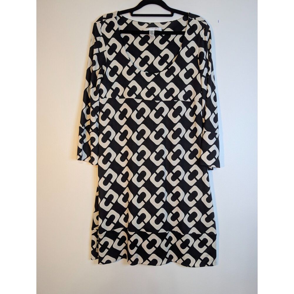 DVF Diane Von Furstenberg Reina Silk Shift Dress 8 Black Geometric Archival - Picture 3 of 6